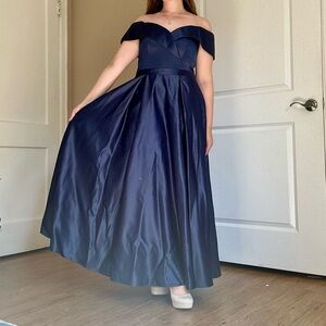 Navy A-line Off the Shoulder Satin Dress